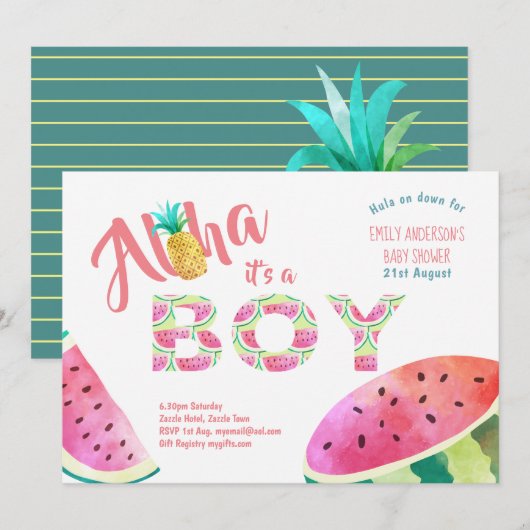 Tropische BOY Baby Shower Uitnodigingen ALOHA Wate (Voorkant / Achterkant)
