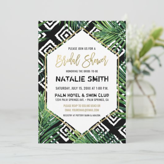 Tropische bridal Shower Invitation Palm Fronds Gol Kaart (Staand voorkant)