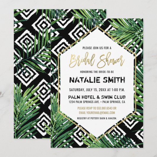 Tropische bridal Shower Invitation Palm Fronds Gol Kaart (Voorkant / Achterkant)