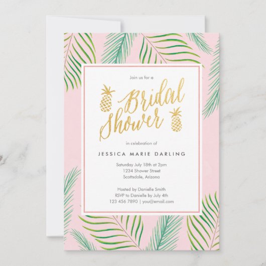 Tropische Bridal Shower Invitations in Roze & Gold Kaart (Voorkant)
