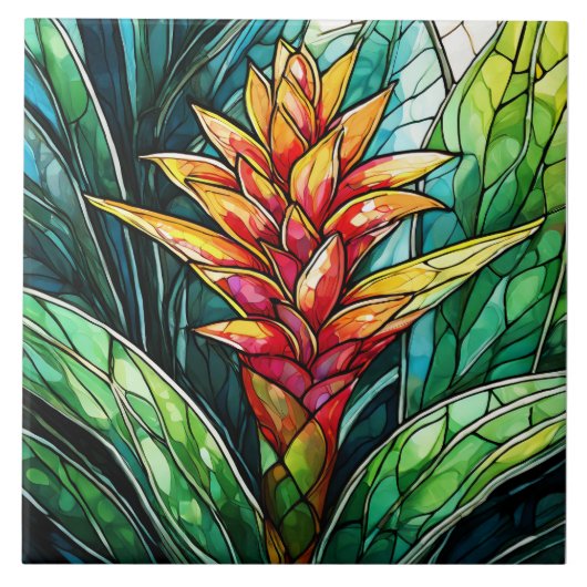 Tropische bromelia gebrandschilderde glaskunst tegeltje (Voorkant)