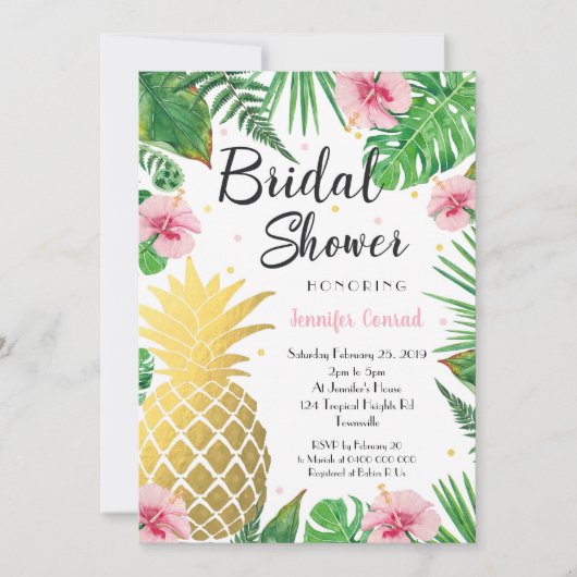 Tropische Bruids Douche Uitnodiging, Gouden Ananas Kaart (Voorkant)