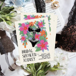 Tropische bruids lingerie bruids douche uitnodigin briefkaart<br><div class="desc">Verzamel de meisjes en vier de prachtige bruid om met een tropisch en sexy lingerie thema vrijgezellenfeest te zijn. Zet de toon voor een zorgeloze viering van plezier met dit geïllustreerde doucheuitnodiging briefkaart in fuchsia roze, sappig sinaasappel, groen groen en maagdenpalmblauw met een heet stuk, zwart en wit kant, teddy...</div>