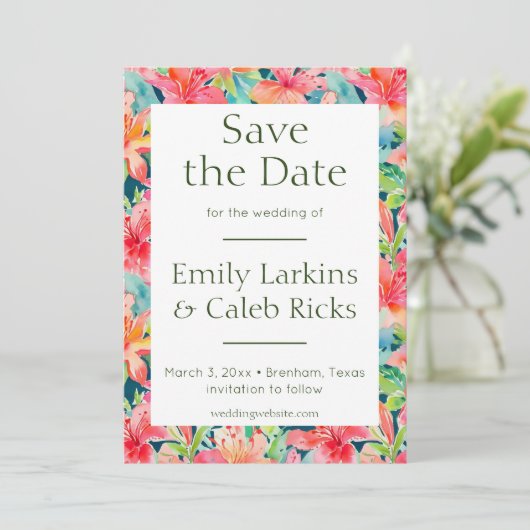 Tropische bruiloft Bewaar de datum met foto Terug Save The Date (Staand voorkant)