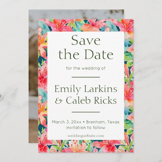 Tropische bruiloft Bewaar de datum met foto Terug Save The Date (Voorkant / Achterkant)