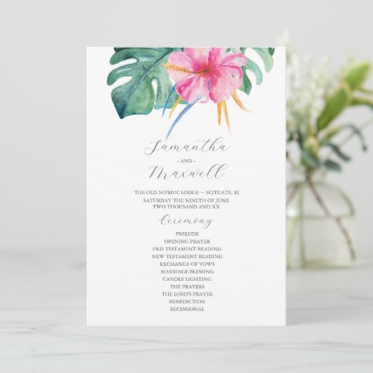 Tropische bruiloft ceremonie programma's roze bloe (Staand voorkant)