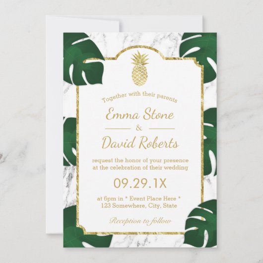 Tropische bruiloft Gold Pineapple White marble Kaart (Voorkant)