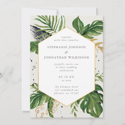 Tropische bruiloft groene en gouden Waterverf Kaart (Voorkant)