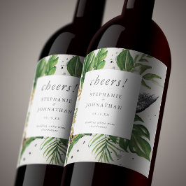 Tropische bruiloft groene en gouden Waterverf Wijn Etiket