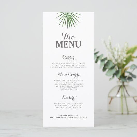 Tropische bruiloft Menu Flat Minimalist Green Fern (Staand voorkant)