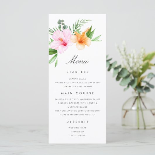 Tropische bruiloft menu Luau Floral Beach Palm (Staand voorkant)