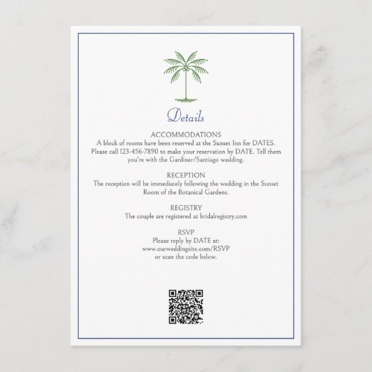 Tropische Bruiloft met Palmboom Details Informatiekaartje (Voorkant)