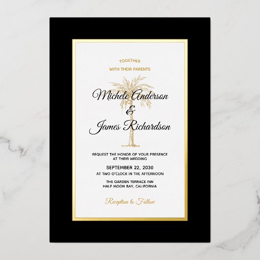 Tropische bruiloft met zwarte goudpalm folie uitnodiging (Voorkant)