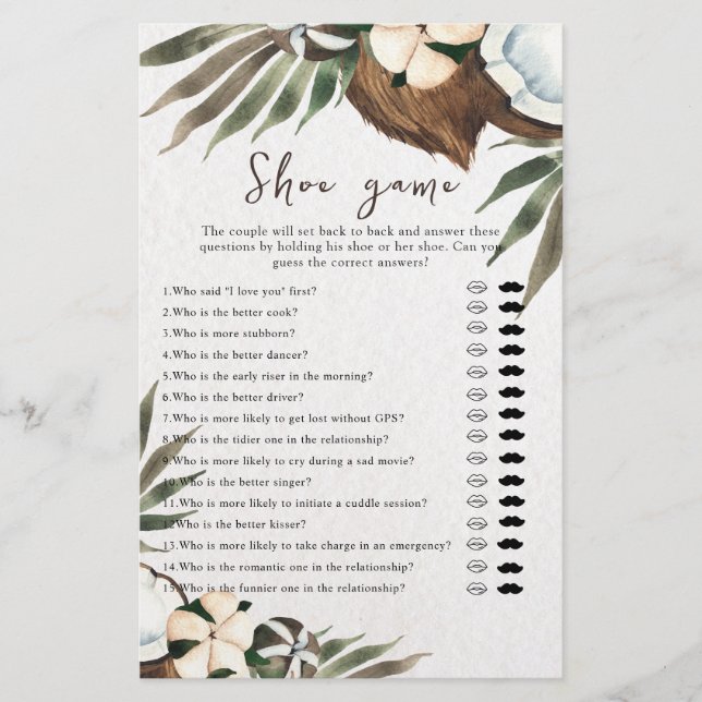 Tropische bruiloft of koppels douche schoen spel (Voorkant)