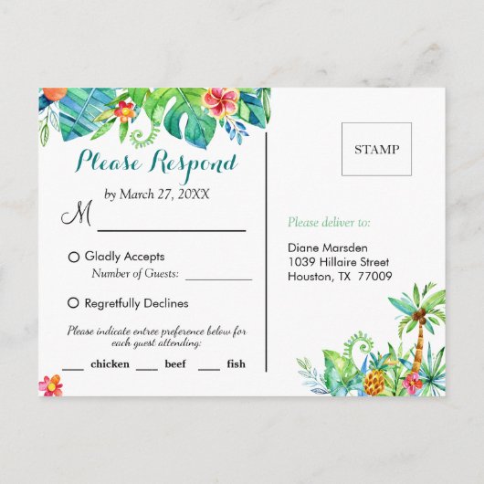 Tropische bruiloft Opvang eetbare maaltijden RSVP Uitnodiging Briefkaart (Achterkant)