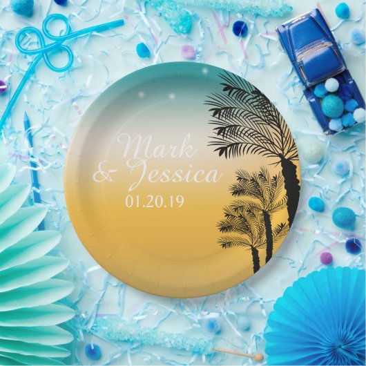 Tropische bruiloft palm Trees roze zonnestrand Papieren Bordje (Feest)