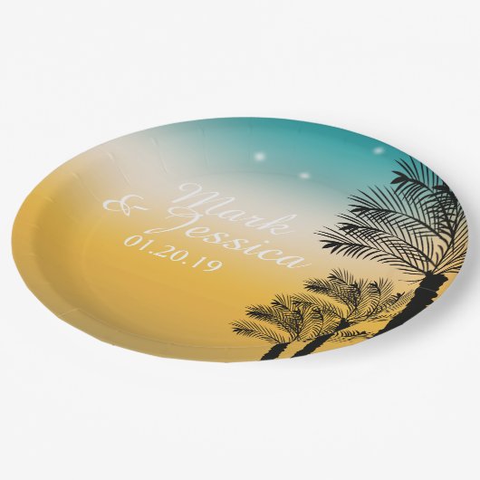 Tropische bruiloft palm Trees roze zonnestrand Papieren Bordje (Gekanteld)