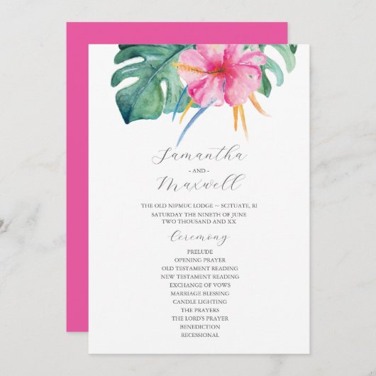 Tropische bruiloft programma's roze bloemen kaart (Voorkant / Achterkant)