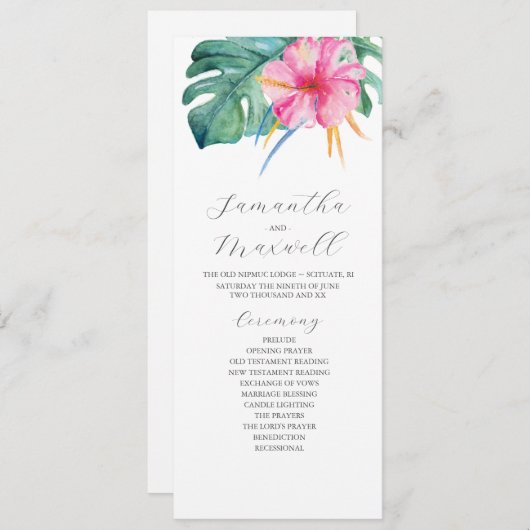 Tropische bruiloft programma's roze Hibiscus bloem Kaart (Voorkant / Achterkant)