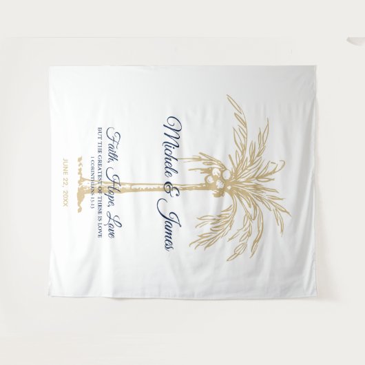 Tropische bruiloft rond Navy Blue Gold Palm Tree Wandkleed (Voorkant (horizontaal))