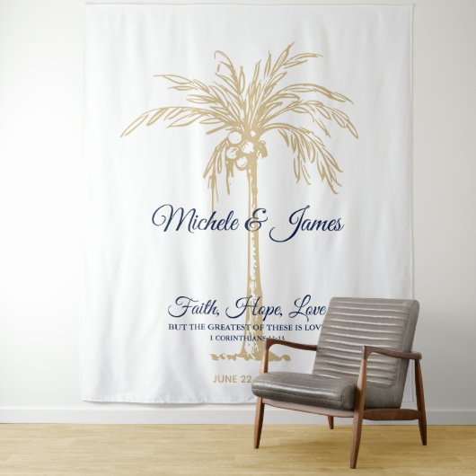 Tropische bruiloft rond Navy Blue Gold Palm Tree Wandkleed (In situ)