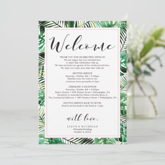 Tropische bruiloft route welkomstbrief kaart (Staand voorkant)