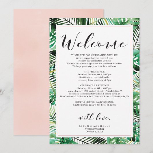 Tropische bruiloft route welkomstbrief kaart (Voorkant / Achterkant)