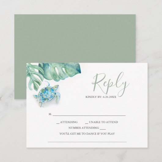 Tropische bruiloft RSVP Kaarten Zee schildpad palm (Voorkant / Achterkant)