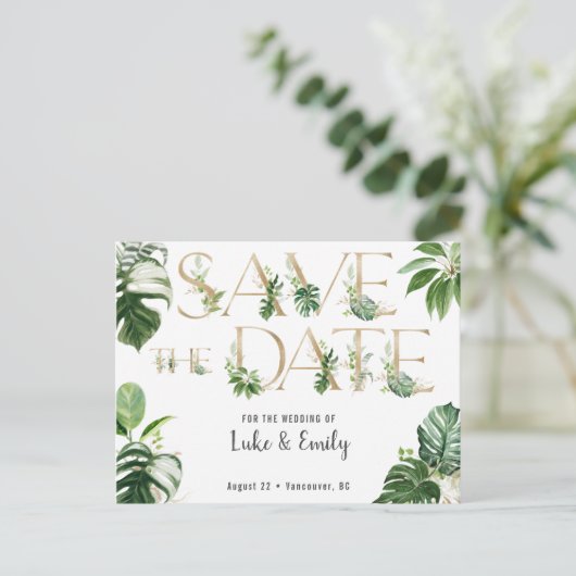 Tropische bruiloft Save the Date Briefkaart (Staand voorkant)