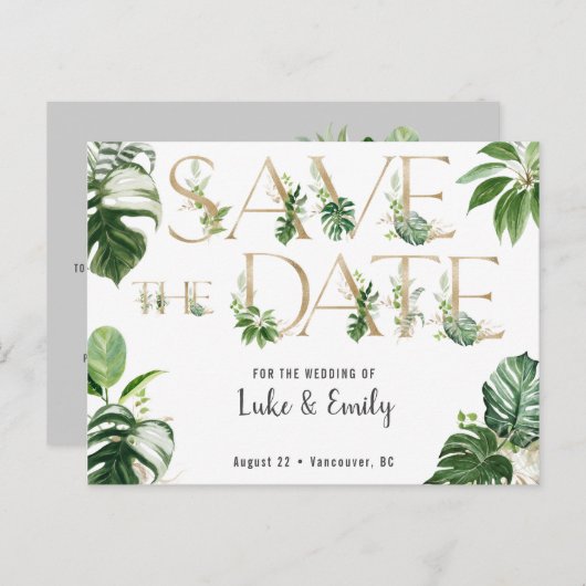 Tropische bruiloft Save the Date Briefkaart (Voorkant / Achterkant)