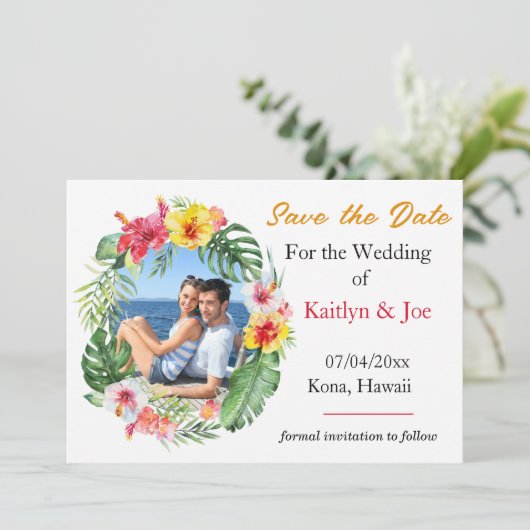 Tropische bruiloft Save the Date Uitnodiging (Staand voorkant)