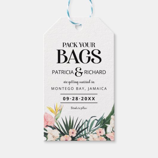 Tropische bruiloft van bestemming sparen de Datum Cadeaulabel (Voorkant)