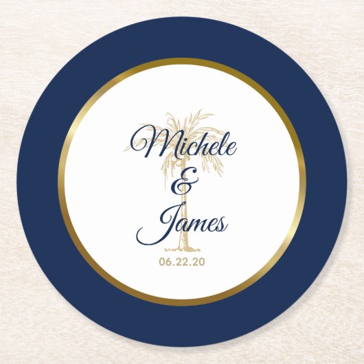 Tropische bruiloft van de bruine goudpalm van de l ronde kartonnen onderzetter (Voorkant)