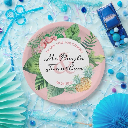 Tropische bruiloft Waterverf ananas orchidee blad Papieren Bordje (Feest)