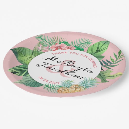 Tropische bruiloft Waterverf ananas orchidee blad Papieren Bordje (Gekanteld)