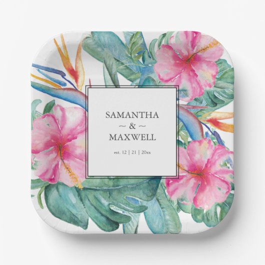 Tropische bruiloft Waterverf Bloemen met namen Papieren Bordje (Voorkant)