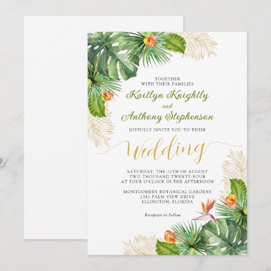 Tropische bruiloft Waterverf Palm Bloemen Kaart (Voorkant / Achterkant)