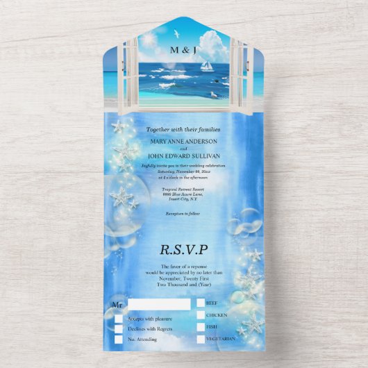 Tropische bruinoceanische bruilotbestemming all in one uitnodiging (Binnen)