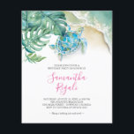 Tropische Budget Sweet 16 Verjaardagsfeestuitnodig Flyer<br><div class="desc">Ben je van plan om een tropisch budget verjaardagsfeestje te organiseren? Deze charmante uitnodiging bevat de naam van uw dochter in een moderne handgeschreven scripttypografie. Een boarder van mijn oorspronkelijke waterverf zeeen schildpad, Zwitserse kaasbladeren en kust in tinten van blauw, groen en turquoise siert deze charmante uitnodiging. Een unieke maar...</div>