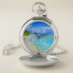 Tropische buikblaasjes zakhorloge<br><div class="desc">Dit stijlvolle zakhorloge is voor hen die dromen van stranden! Het is versierd met een mooie strandscène en de woorden Beach Bliss. Pas het aan met je eigen woorden en foto als je dat wilt</div>