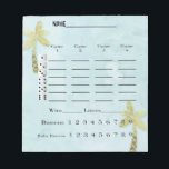 Tropische bunco Score Pad Notitieblok<br><div class="desc">Fun Bunco score of score voor je tropische strand Bunco themed event. Het Score-vel is voorzien van een blauwe waterkleurachtergrond met gouden palmbomen. Eenvoudig te lezen en te scoren. Cirkel je Bunco en Baby Bunco's. Zoek passende tabelkaarten.</div>