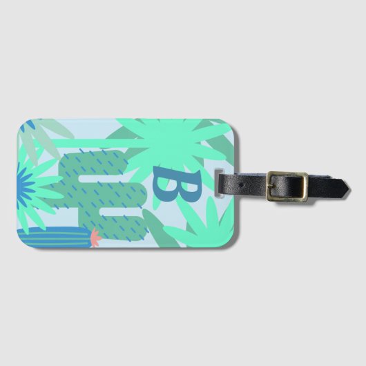 Tropische Cactus en Fauna Green Monogram Bagagelabel (Voorkant (horizontaal))
