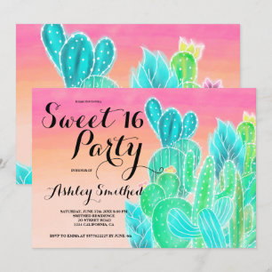 Tropische cactus roze ombre waterverf Sweet 16 Kaart