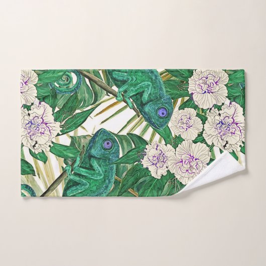 Tropische camellias en kameleons bad handdoek (Handdoek)