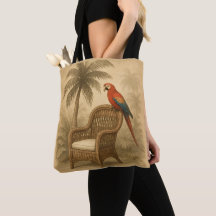 Tropische Canvas tas –  papegaai en rieten stoel