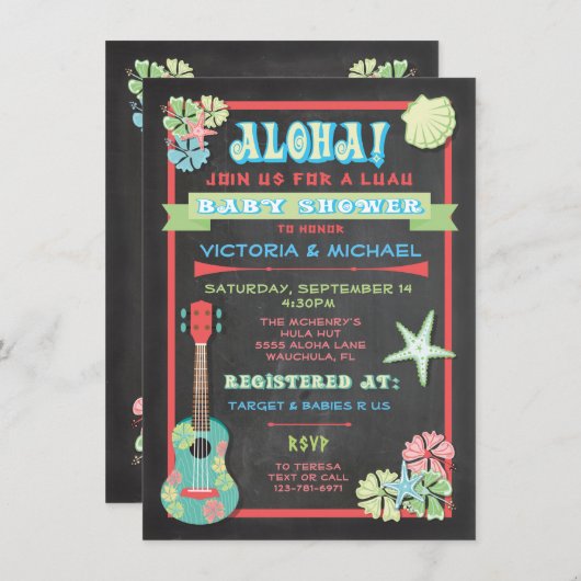 Tropische Chalkboard Luau Baby Douche uitnodiginge Kaart (Voorkant / Achterkant)