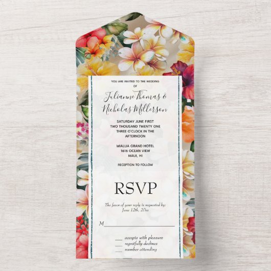 Tropische Champagne Hibiscus Bloemenbruiloft All In One Uitnodiging (Binnen)