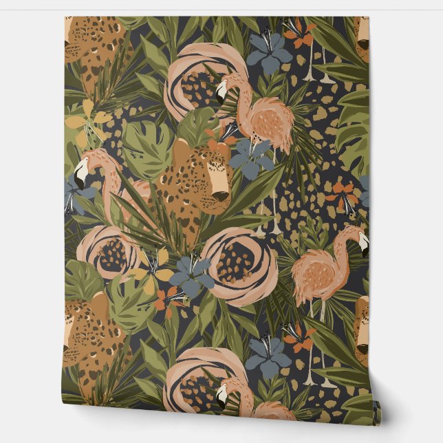 Tropische Cheetah en Flamingo Floral Wallpaper Behang (Afrollen)