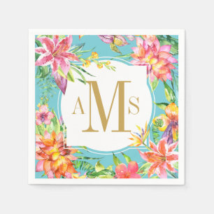 Tropische Chic 3 Letter Monogram Bloemen Waterverf Servet
