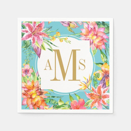 Tropische Chic 3 Letter Monogram Bloemen Waterverf Servet (Voorkant)